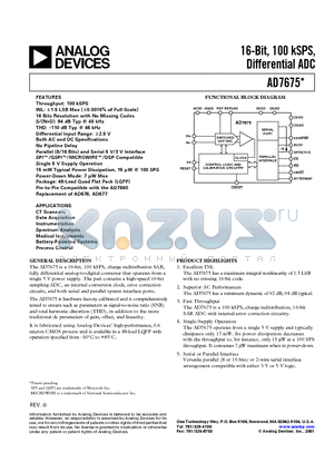 AD7675ASTRL datasheet - 16-Bit, 100 kSPS, Differential ADC