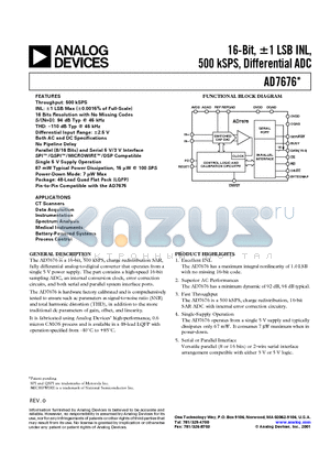 AD7676 datasheet - 16-Bit -1 LSB INL, 500 kSPS, Differential ADC