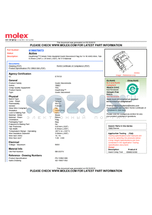 190070073 datasheet - InsulKrimp Female Fully Insulated Quick Disconnect Flag for 14-16 AWG Wire, Tab6.35mm (.250