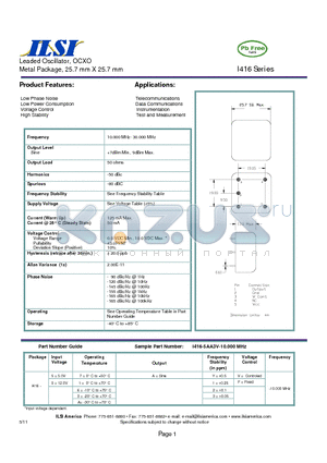 I416 datasheet - Leaded Oscillator, OCXO Metal Package, 25.7 mm X 25.7 mm