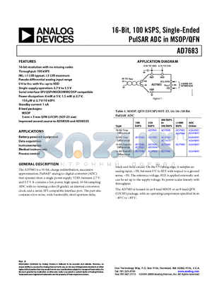 AD7683BRMZ datasheet - 16-Bit, 100 kSPS, Single-Ended PulSAR ADC in MSOP/QFN