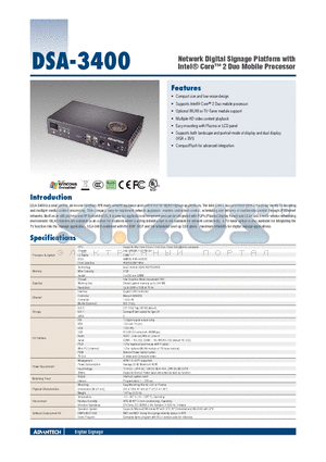DSA-3400-WT56E datasheet - Network Digital Signage Platform with Intel Core 2 Duo Mobile Processor