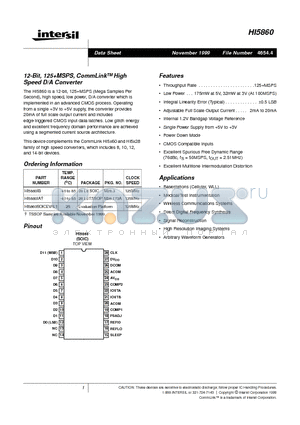 HI5860 datasheet - 12-Bit, 125MSPS, CommLinkTM High Speed D/A Converter