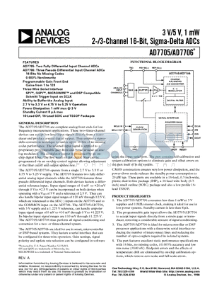 AD7705BR datasheet - 3 V/5 V, 1 mW 2-/3-Channel 16-Bit, Sigma-Delta ADCs