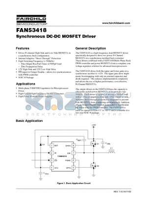 FAN53418 datasheet - Synchronous DC-DC MOSFET Driver