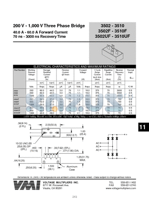 3502 datasheet - 200 V - 1,000 V Three Phase Bridge 40.0 A - 60.0 A Forward Current 70 ns - 3000 ns Recovery Time