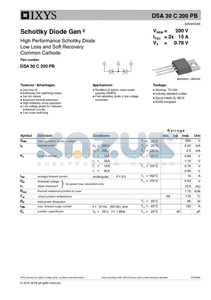 DSA30C200PB datasheet - High Performance Schottky Diode Low Loss and Soft Recovery Common Cathode