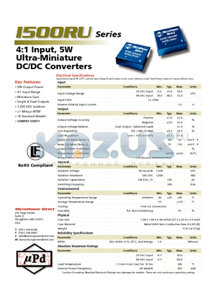 I514RU datasheet - 4:1 Input, 5W Ultra-Miniature DC/DC Converters