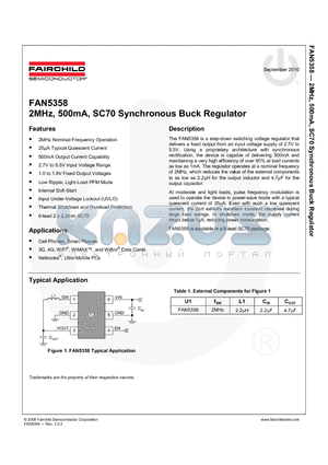 FAN5358_10 datasheet - 2MHz, 500mA, SC70 Synchronous Buck Regulator