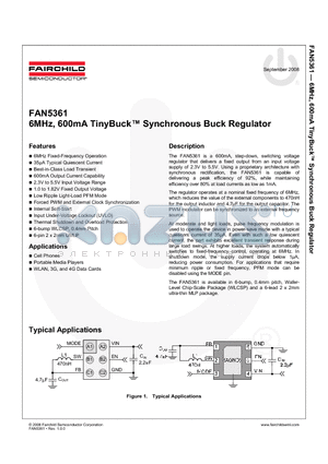 FAN5361UC12X datasheet - 6MHz, 600mA TinyBuck Synchronous Buck Regulator