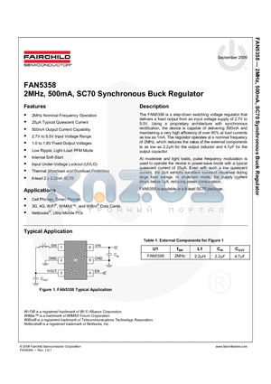 FAN5358 datasheet - 2MHz, 500mA, SC70 Synchronous Buck Regulator
