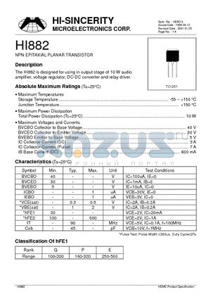 HI882 datasheet - NPN EPITAXIAL PLANAR TRANSISTOR