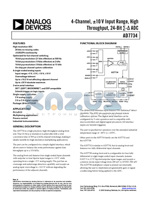 AD7734BRU datasheet - 4-Channel, -10 V Input Range, High Throughput, 24-Bit sigma ADC