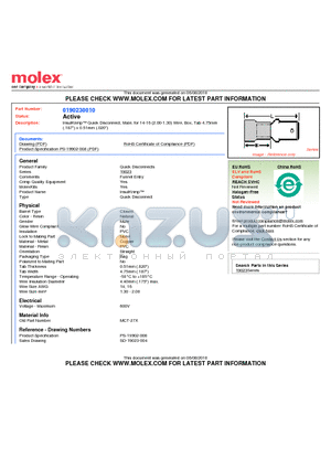 190230010 datasheet - InsulKrimp Quick Disconnect, Male, for 14-16 (2.00-1.30) Wire, Box, Tab 4.75mm(.187