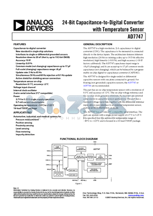 AD7747ARUZ datasheet - 24-Bit Capacitance-to-Digital Converter with Temperature Sensor