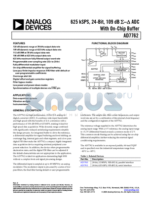 AD7762BSVZ-REEL datasheet - 625 kSPS, 24-Bit, 109 dB ADC With On-Chip Buffer