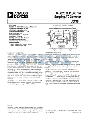 AD775JN datasheet - 8-Bit 20 MSPS, 60 mW Sampling A/D Converter