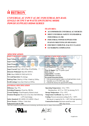 HID60 datasheet - UNIVERSAL AC INPUT AC-DC INDUSTRIAL DIN-RAIL SINGLE OUTPUT 60 WATTS SWITCHING MODE POWER SUPPLIES