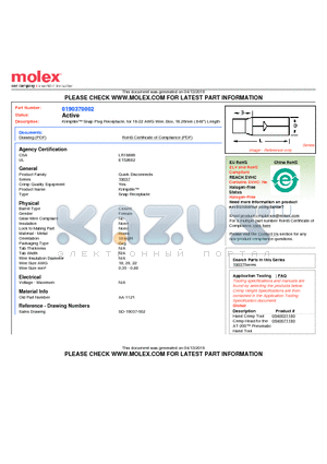 190370002 datasheet - Krimptite Snap Plug Receptacle, for 18-22 AWG Wire, Box, 16.26mm (.640