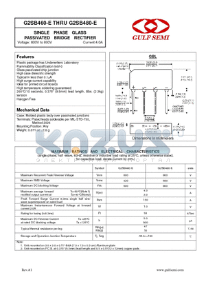 G2SB460-E datasheet - SINGLE PHASE GLASS PASSIVATED BRIDGE RECTIFIER Voltage: 600V to 800V Current:4.0A