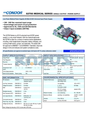 G2T60 datasheet - The G2T60 Series is a 60 W universal input AC/DC power supply in a very small footprint.