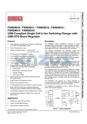 FAN54011 datasheet - USB-Compliant Single-Cell Li-Ion Switching Charger with USB-OTG Boost Regulator