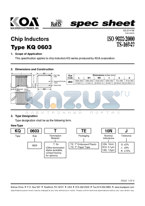 KQ0603TTE15N datasheet - Chip Inductors