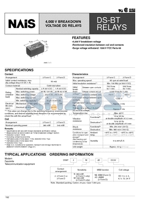 DSBT2-M-DC1.5V datasheet - 4,000 V BREAKDOWN VOLTAGE DS RELAYS