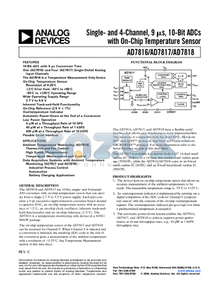 AD7817 datasheet - Single- and 4-Channel, 9 us, 10-Bit ADCs with On-Chip Temperature Sensor