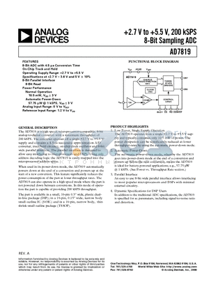 AD7819 datasheet - 2.7 V to 5.5 V, 200 kSPS 8-Bit Sampling ADC