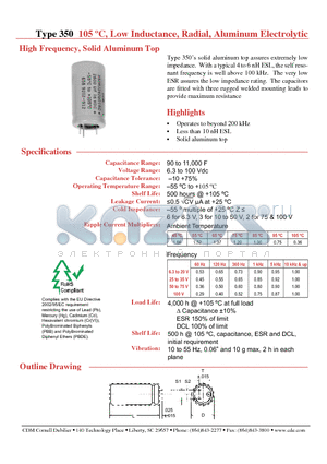 350HJ901U040C datasheet - 105 C, Low Inductance, Radial, Aluminum Electrolytic