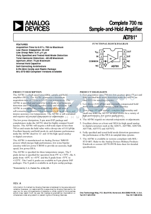AD781SQ datasheet - Complete 700 ns Sample-and-Hold Amplifier