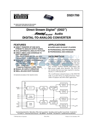 DSD1700 datasheet - Direct Stream Digital DSD TM Audio DIGITAL-TO-ANALOG CONVERTER