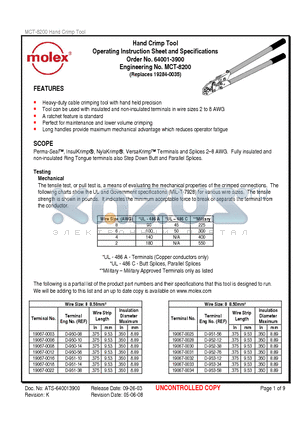 19067-0022 datasheet - Hand Crimp Tool Operating Instruction Sheet and Specifications