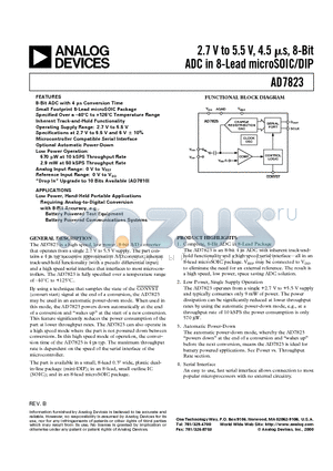 AD7823YRM datasheet - 2.7 V to 5.5 V, 4.5 us, 8-Bit ADC in 8-Lead microSOIC/DIP