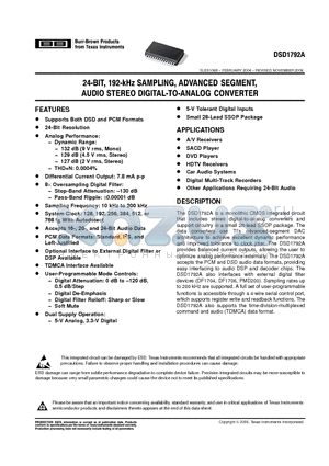 DSD1792A datasheet - 24-BIT, 192-KHZ SAMPLING, ADVANCED SEGMENT, AUDIO STEREO DIGITAL-TO-ANALOG CONVERTER