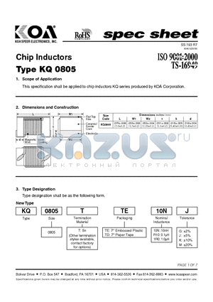 KQ0805TTER22 datasheet - Chip Inductors