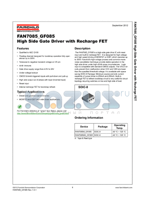 FAN7085MX_12 datasheet - High Side Gate Driver with Recharge FET