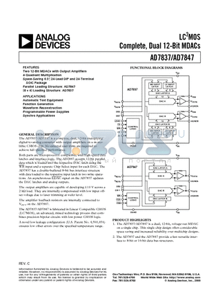 AD7837AQQ datasheet - LC2MOS Complete, Dual 12-Bit MDACs