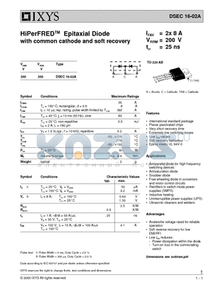 DSEC16-02A datasheet - HiPerFRED Epitaxial Diode with common cathode and soft recovery