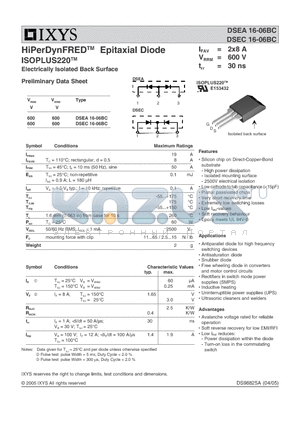 DSEC16-06BC datasheet - HiPerDynFRED Epitaxial Diode ISOPLUS220