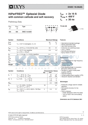 DSEC16-04AS datasheet - HiPerFREDTM Epitaxial Diode with common cathode and soft recovery