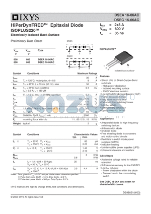 DSEC16-06AC datasheet - HiPerDynFREDTM Epitaxial Diode ISOPLUS220TM