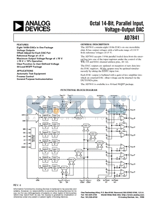 AD7841 datasheet - Octal 14-Bit, Parallel Input, Voltage-Output DAC