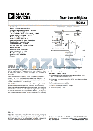 AD7843ARU datasheet - Touch Screen Digitizer