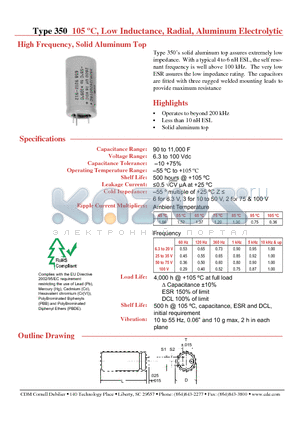 350JP900T100B datasheet - 105 C, Low Inductance, Radial, Aluminum Electrolytic