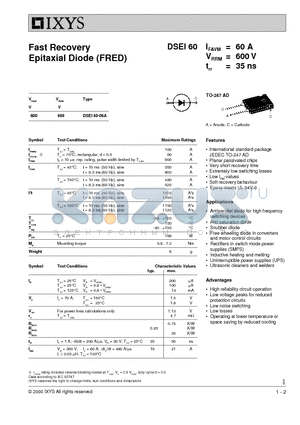 DSEI60-06A datasheet - Fast Recovery Epitaxial Diode (FRED)
