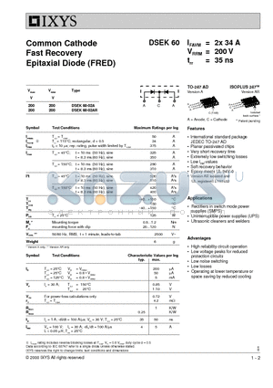 DSEK60-02 datasheet - Common Cathode Fast Recovery Epitaxial Diode (FRED)