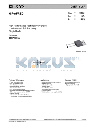 DSEP15-06A datasheet - High Performance Fast Recovery Diode Low Loss and Soft Recovery Single Diode