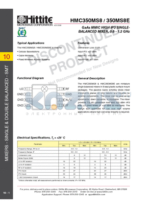 350MS8E datasheet - GaAs MMIC HIGH IP3 SINGLE BALANCED MIXER, 0.6 - 1.2 GHz